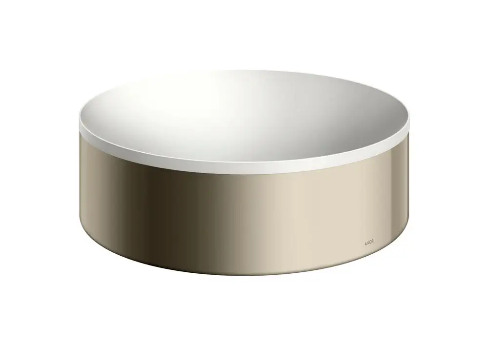 Runder Aufsatzwaschtisch in Polished Nickel von AXOR, ohne Hahnloch und Überlauf, mit flacher oer-weißer Oberfläche und beige-farbigem Rand.